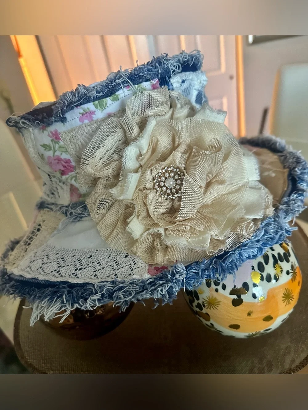 Artisan-made Bohemian Cream Floral Fabric Hat with Frayed Denim Trim